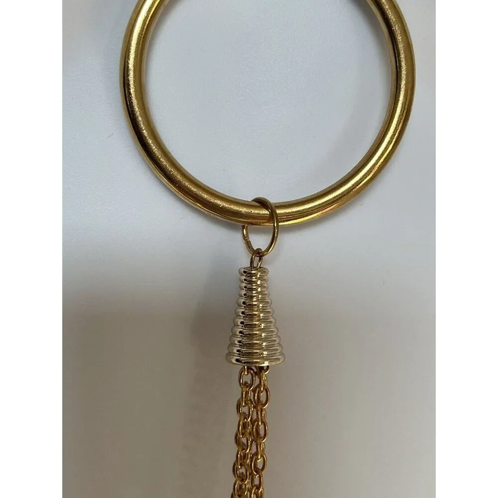 Gold Tone Fringed Hoop Pendant Double Clasp Chain Necklace 25 Inches Mod Fashion - Picture 3 of 4